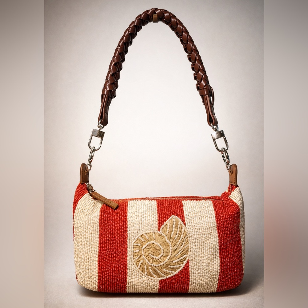 Zara Red and Cream Beaded Shoulder Bag